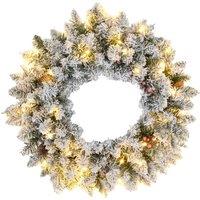 HOMCOM 60cm Flocked Christmas Wreath With Lights Pine Cones Red Berries Green, Green