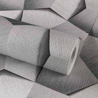 Grandeco Boaz 3D Effect Metal Panel Blown Vinyl Textured Wallpaper Light Silver Grey, Silver