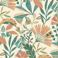 Grandeco Matisse Tropical Leaves Textured Wallpaper Neutral Coral, Multi