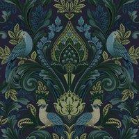 Grandeco Peacock And Leaf Scrolls Opulent Damask Textured Wallpaper Green Blue, Blue