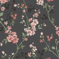 Grandeco Jasmin Floral Cherry Blossom Trail Blown Vinyl Wallpaper Black, Black