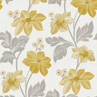 Grandeco Clematis Floral Trail Textured Blown Vinyl Wallpaper Yellow, Yellow