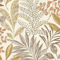 Grandeco Kara Tropical Jungle Foliage Leaves Textured Wallpaper Neutral Beige, Brown