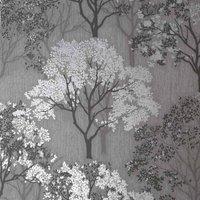 SUBLIME WOODLAND SILHOUETTE - MID GREY / SILVER WALLPAPER, Grey