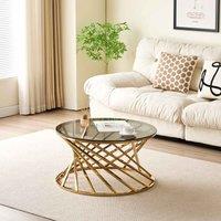 SleepOn Sleep on Jasmine Round Geometric Design Gold Metal Coffee Table With Tinted Glass Tempered Top