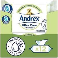 Andrex Washlets Ultra Care Biodegradable & Flushable Toilet Wipes 12 Pack, White