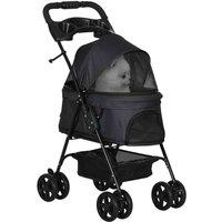 Pawhut Pet Stroller Foldable Travel Carriage W/ Brake Basket Canopy, Black, Black