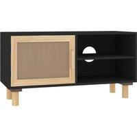 vidaXL Tv Cabinet Black 80x30x40 cm Solid Wood Pine and Natural Rattan, Black