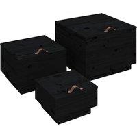 vidaXL Storage Boxes With Lids 3 Pcs Black Solid Wood Pine, Black