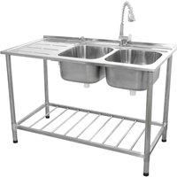 Monster Shop KUKoo Commercial Catering Sink Double Bowl Left Hand Drainer, Silver