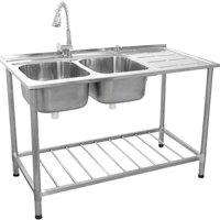 Monster Shop KUKoo Commercial Catering Sink Double Bowl Right Hand Drainer, Silver