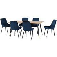 Seconique Hamilton & Avery Large Dining Set x6 Chairs - Medium Oak Effect Sapphire Blue Velvet, Multi