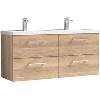 nuie Arno 1200mm Wall Hung 4-Drawer Vanity & Double Basin Bleached Oak, Brown