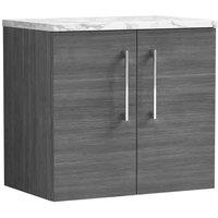 nuie Arno 600mm Wall Hung 2-Door Vanity & Laminate Worktop - Anthracite Woodgrain, Grey