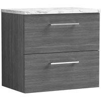 nuie Arno 600mm Wall Hung 2-Drawer Vanity & Laminate Worktop - Anthracite Woodgrain, Grey