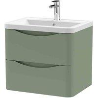 nuie 600mm Wall Hung 2 Drawer Vanity & Ceramic Basin - Satin Green, Green
