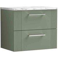 nuie Deco 600 Wall Hung 2-Drawer Vanity & Laminate Worktop - Satin Green, Green