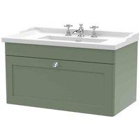 nuie 800mm Wall Hung 1 Drawer Vanity & Basin 3TH - Satin Green, Green