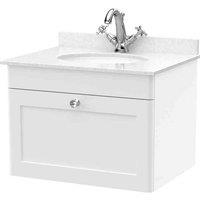 nuie 600mm Wall Hung 1 Drawer Vanity & Marble Top 1TH - Satin White, White