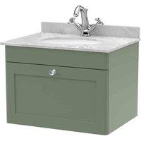 nuie 600mm Wall Hung 1 Drawer Vanity & Marble Top 1TH - Satin Green, Green