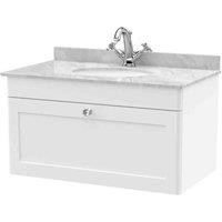 nuie 800mm Wall Hung 1 Drawer Vanity & Marble Top 1TH - Satin White, White