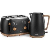 Vonshef Fika Black & Wood 4 Slice Kettle & Toaster Set, Grey