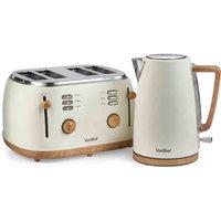 VonShef Fika Cream & Wood 4 Slice Kettle & Toaster Set, Grey