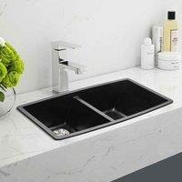 Garden Sanctuary Quartz Equal Double Bowl Undermount Kitchen Sink Black, Black