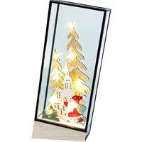 Xmas Haus Hurricane Glass Holder With Light Up Festive Village And Santa Scene Battery Operated, Brown
