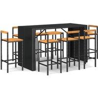vidaXL 9 Piece Garden Bar Set Black Poly Rattan& Solid Wood Acacia, Black