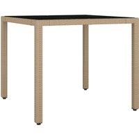 vidaXL Garden Table with Glass Top Beige Poly Rattan&Tempered Glass, Cream