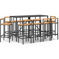 vidaXL 11 Piece Garden Bar Set Black Poly Rattan& Solid Wood Acacia, Black