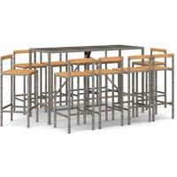 vidaXL 11 Piece Garden Bar Set Grey Poly Rattan& Solid Wood Acacia, Grey