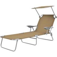 vidaXL Folding Sun Lounger with Canopy Steel Taupe, Brown