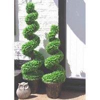 120Cm Pair Of Green Large Leaf Spiral Topiary Trees With Decorative Planters, Green