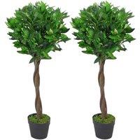 90Cm Leaf Design UK Pair Of Artificial Bay Topiary Ball Trees Green Twist, Green