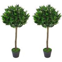 90Cm Leaf Design UK Pair Of Artificial Bay Topiary Ball Trees, Green