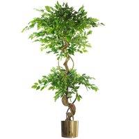 Leaf 150Cm Twisted Trunk Artificial Japanese Fruticosa Ficus Tree Gold Planter, Green