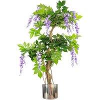 Leaf Artificial 110Cm Purple Wisteria Tree With Silver Metal Planter, Green