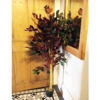 Leaf 120Cm 4Ft Artificial Dark Red Green Ficus Plant - Gold Planter, Red