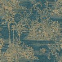 Muriva Ltd Muriva Tropical Toile Blue & Gold Wallpaper, Blue