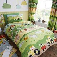 Happy Linen Company Farm Friends Animals Reversible Duvet Cover Bedding Set - Toddler Cot Bed, Green