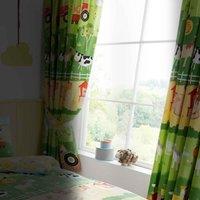 Happy Linen Company Farm Friends Animals Ring Track Pole Fully Lined Thermal Blackout Pencil Pleat Curtain Set - 66 X 72inch, Green