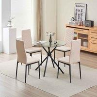 New York Dining Table With 4 Champaign Emily Leather Chairs, Cream