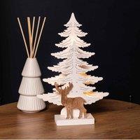 Samuel Alexander 25Cm Battery Operated White Wooden Reindeer & Christmas Tree Decoration With Warm White Leds, White