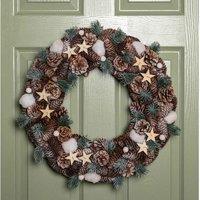 Samuel Alexander 50Cm Frosted Hanging Christmas Wreath With Pine Cones & Wooden Stars