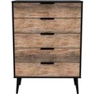 Welcome Furniture Ready Assembled Hirato 5 Drawer Chest Vintage Oak Black Wood Legs