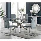 Furniture Box Vogue Large Round Chrome Metal Furniture Box Clear Glass Dining Table And 4 x Elephant Grey Lorenzo Dining Chairs Set