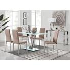 Furniture Box Florini White Glass And Metal V Dining Table And 6 x Cappuccino Grey/Beige Milan Dining Chairs Set