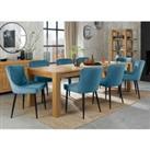 Bentley Designs Cannes Light Oak 8-10 Seater Dining Table & 8 Cezanne Petrol Blue Velvet Fabric Chairs With Black Legs